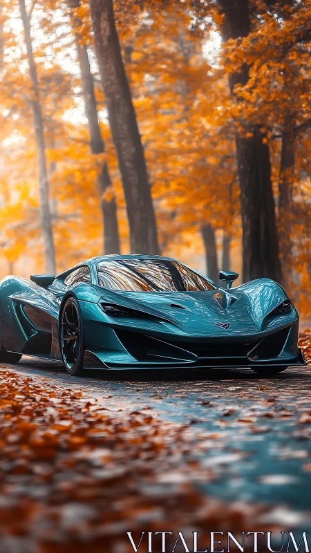 Aerodynamic teal hypercar in high-contrast autumn forest setting.