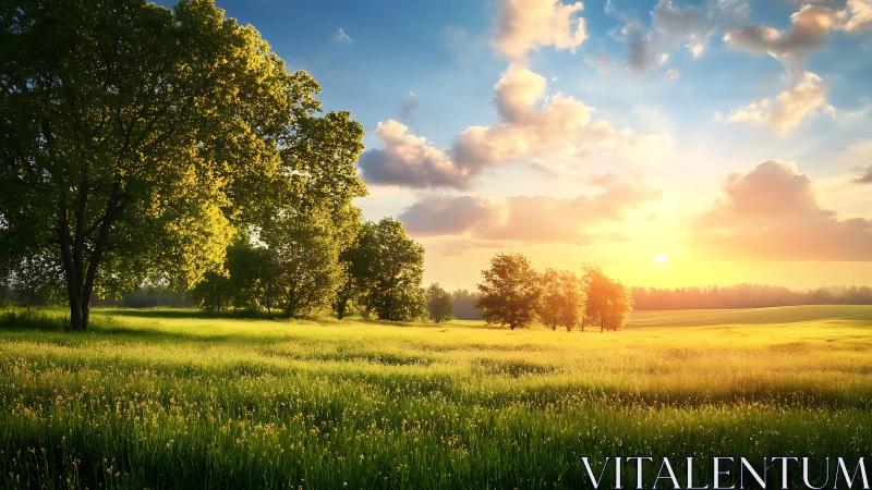 Low-angle sunrise over meadow with backlit deciduous trees