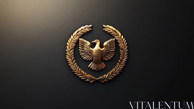 Gold eagle emblem within laurel wreath on dark background.
