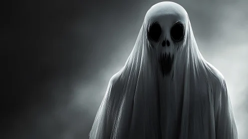 Spectral entity in draped shroud under moody chiaroscuro lighting.