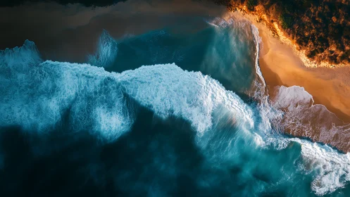 Golden shoreline meets teal waves in a calm coastal embrace.