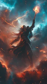 Armored figure raising staff within fiery cosmic clouds.