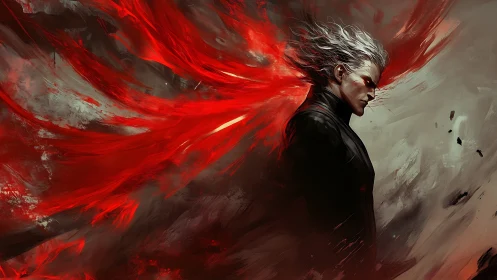 Stormborn antihero walks through crimson unraveling wings.