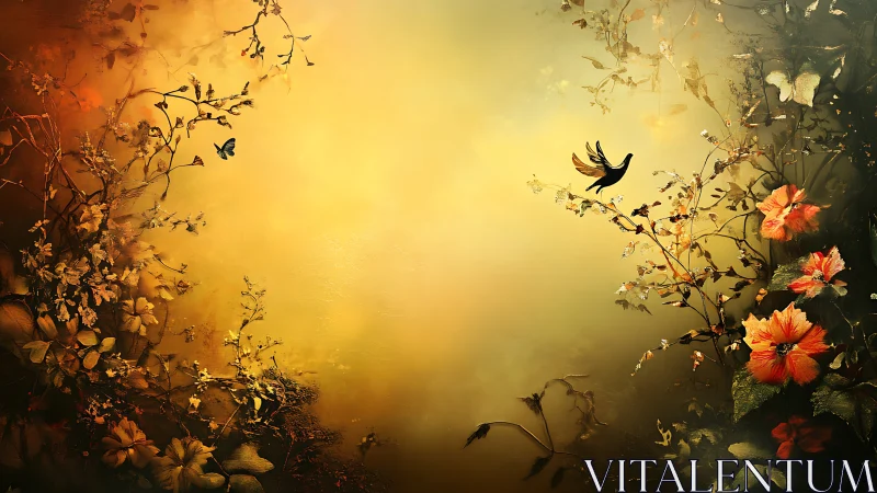 Golden twilight garden with birds, butterflies and blooms.