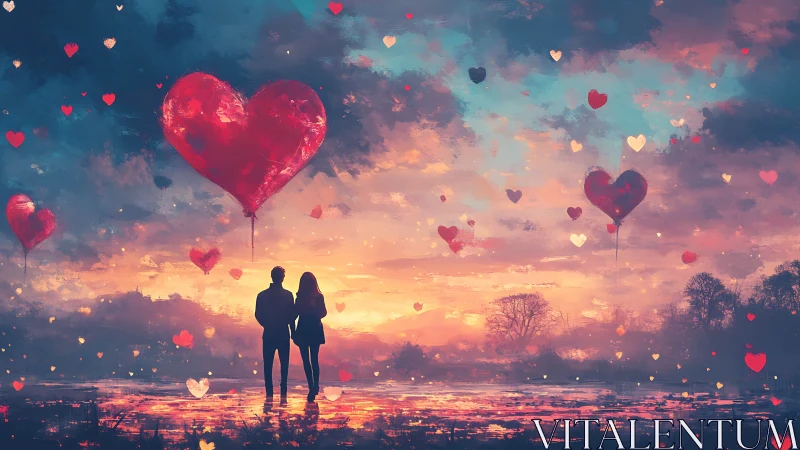 Two Hearts Afloat in Sunset's Balloon Paradise.