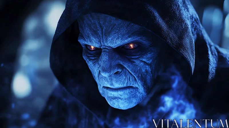 Mysterious blue sorcerer cloaked in glowing shadowy magic.