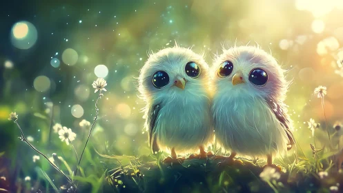 Two Adorable Fluffy Owlets in Dreamy Sunlit Meadow, Fantasy Art.