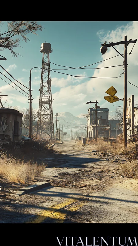 Post-apocalyptic roadway shows eroded asphalt and corroded utilities