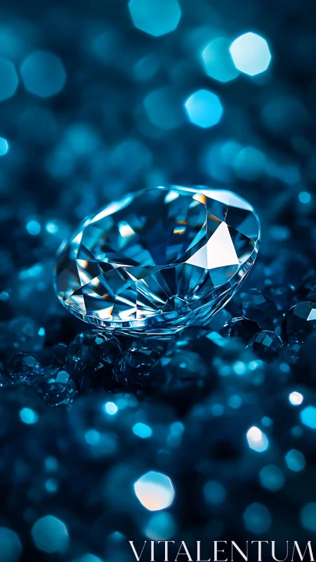 Single cut diamond on blue crystal surface in close focus.