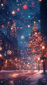 Digital painting of illuminated winter city Christmas street.