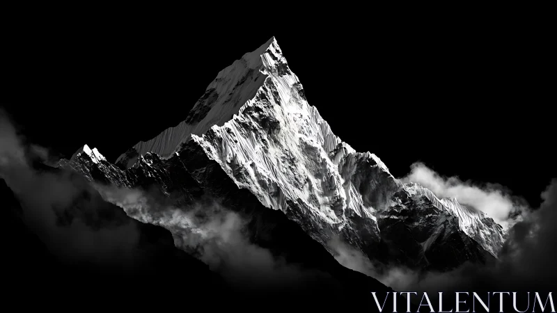 Snowy mountain peak rising sharply against black sky.