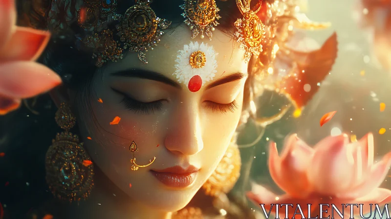 Gentle goddess-like portrait glows amid drifting lotus petals