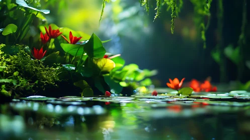 Rendered pond scene shows water lilies under diffused light