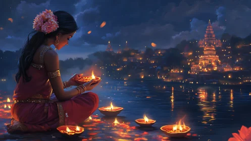 Riverbank diya ritual glows against luminous temple night.