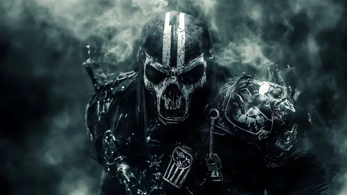 Skull-marked warlord stalks through ghostlit battle smoke.