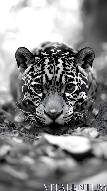 Monochrome jaguar portrait in low ground-level focus study.