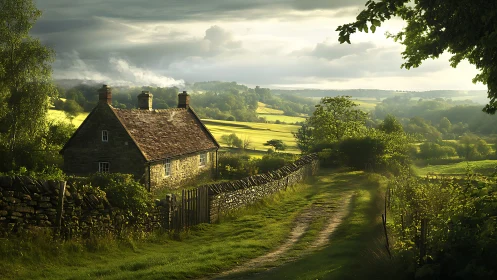 Sunlit stone cottage beside winding rural farm track