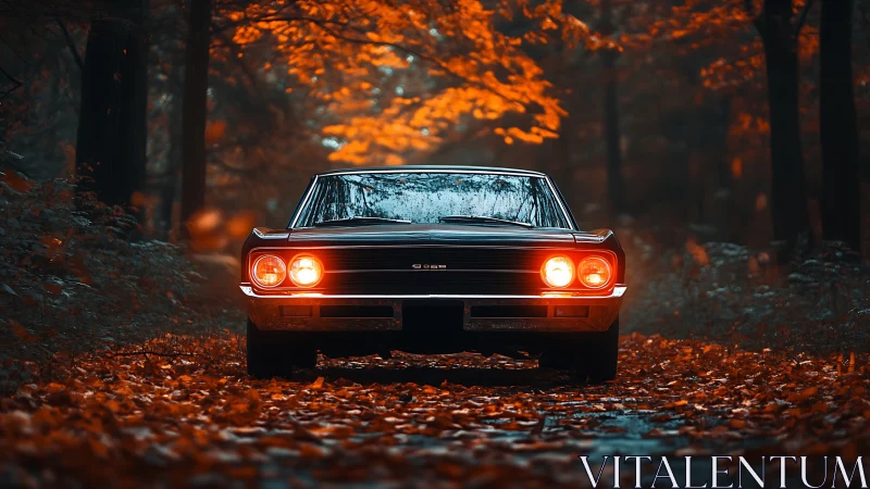 Autumn-lit muscle car prowling a leaf-drowned forest road.