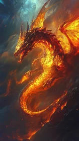 Fiery serpentine dragon coils through molten storm sky