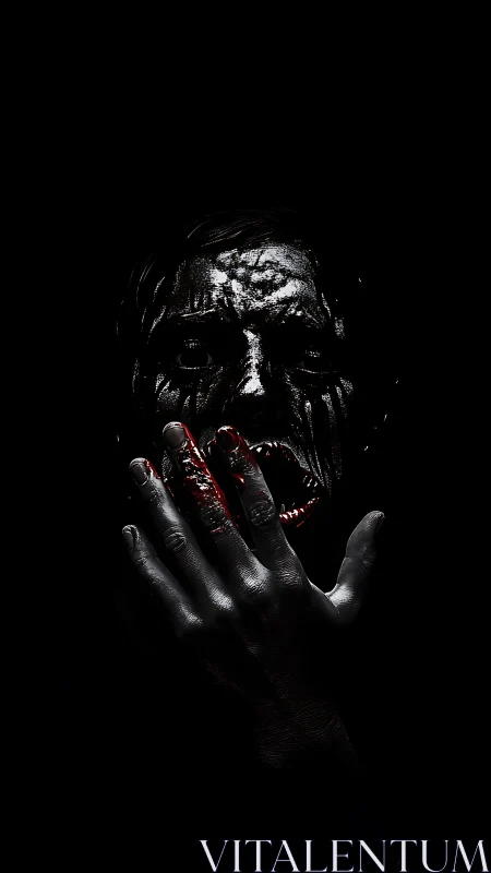 Bloodstained hand covers tortured face in deep darkness