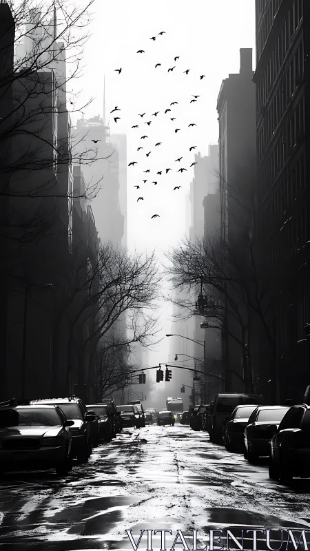 Monochrome city street under mist with flock of birds overhead.