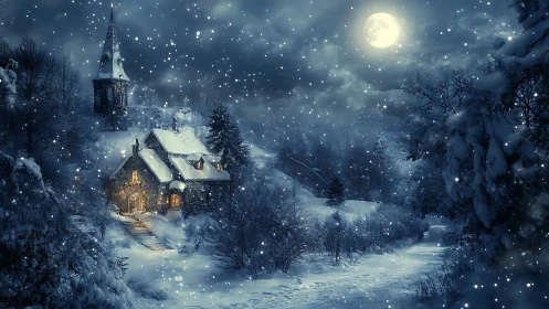 Snowy moonlit cottage and church tower in blue winter valley