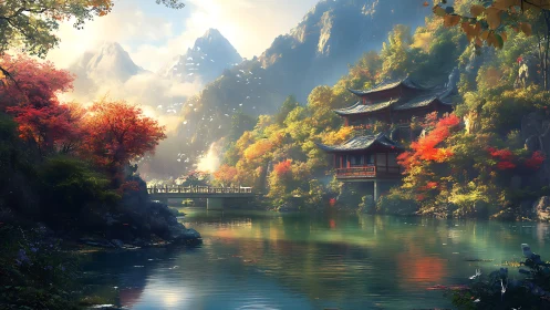 Autumn pagoda dreaming above jade water and misty peaks.