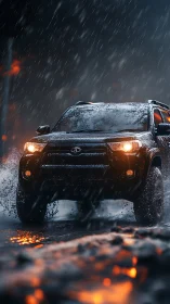 Off-road SUV drives through heavy rain on a wet street