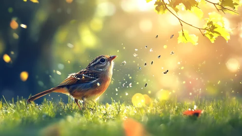 Small songbird on grass under glowing backlit foliage.