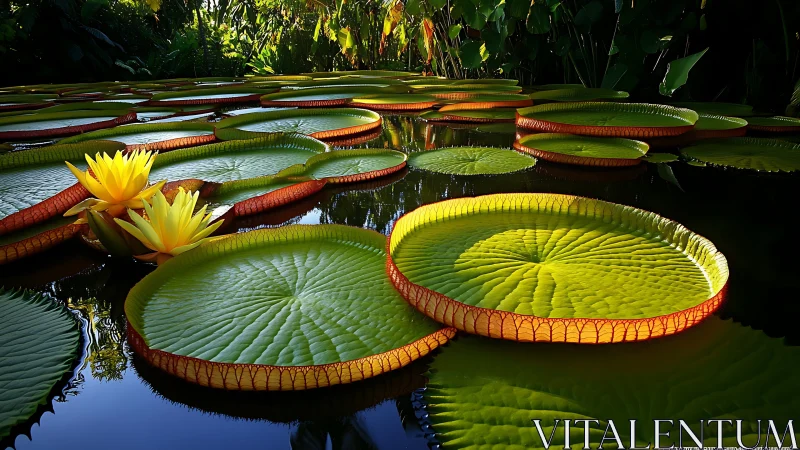 Giant lily pads quietly rehearse a glowing pond ballet