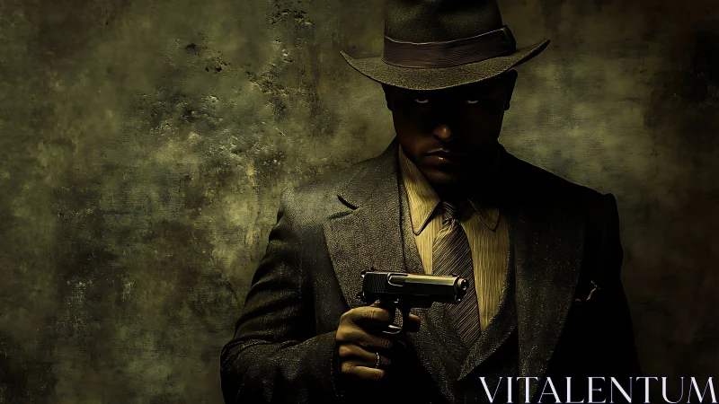 Mysterious man in suit and fedora holding handgun in shadow.