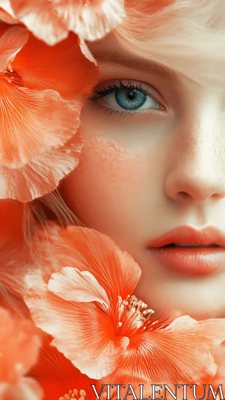 Soft coral blossoms gently frame a serene freckled face