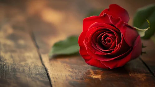 Vibrant Red Rose on Weathered Wood Surface
