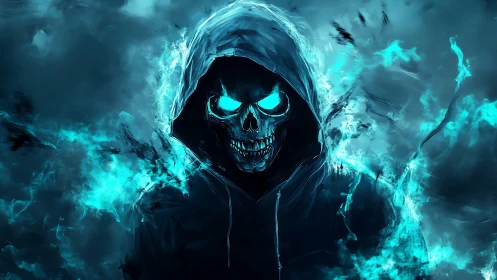 Spectral hooded reaper with neon cyan flame aura emerging