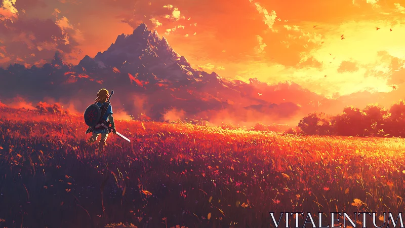 Backlit swordsman surveying chromatic alpine sunset field.