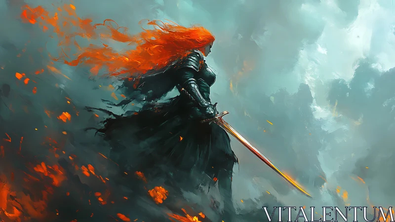 Volcanic-haired knight with emissive blade in storm field.