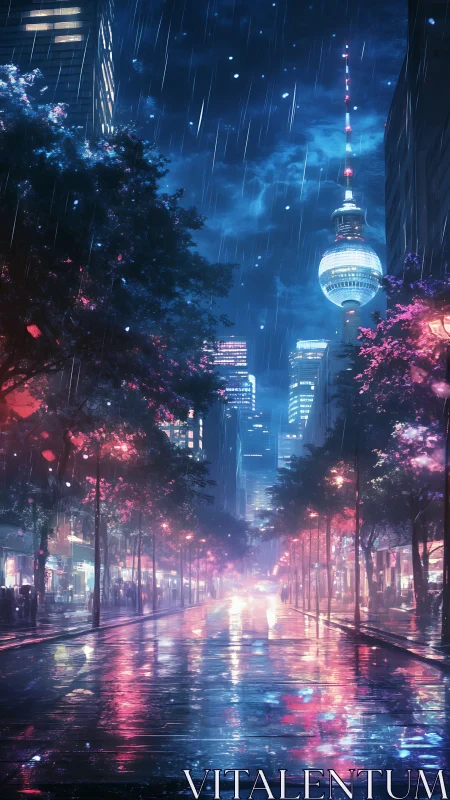 Neon rain over futuristic boulevard beneath glowing tower.