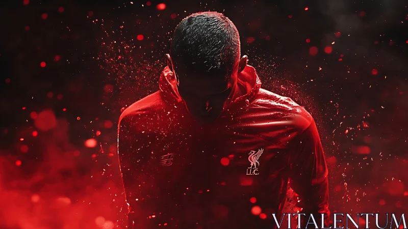 Soccer player in red jacket under dramatic red lighting.