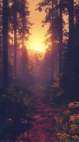 Sunlit Cathedral: Golden Light Pierces Towering Forest Path