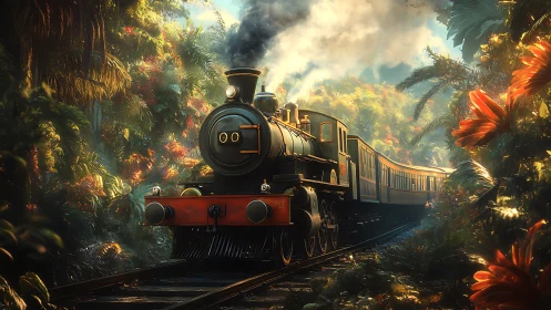 Vintage steam locomotive crossing sunlit tropical rainforest
