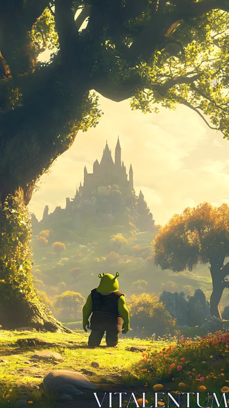 Gentle green ogre gazes toward a sunlit fairytale castle.