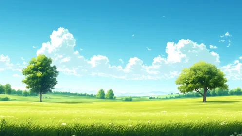 Digital landscape illustrates open grass field with trees