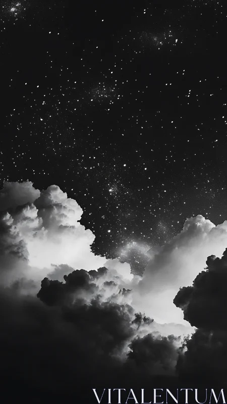 Starlit rift emerging through towering monochrome clouds.