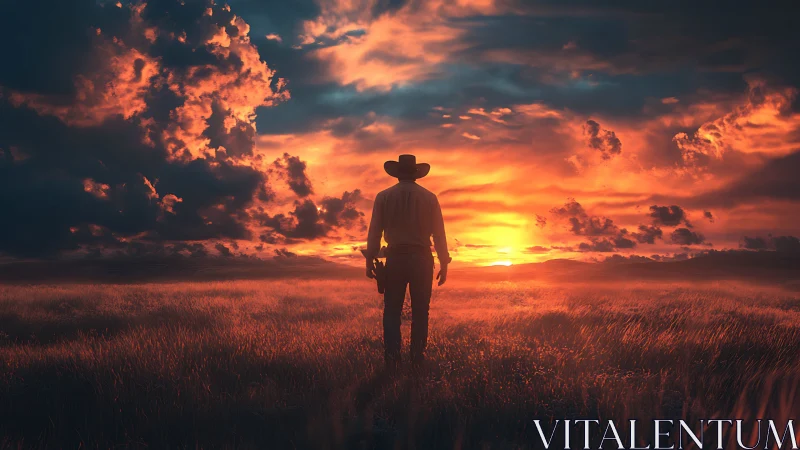 Lone figure in hat stands in field facing low setting sun