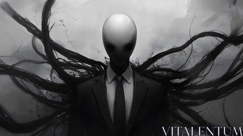Faceless suited figure with dark tentacles in foggy space.