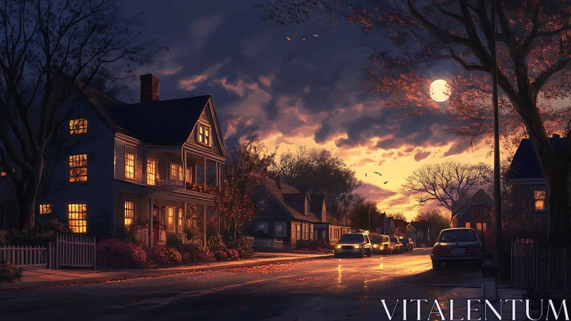Moonlit suburban street glows with warm autumn windows.