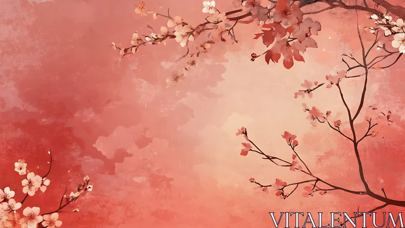 Blossoming tree branches on textured red gradient background.