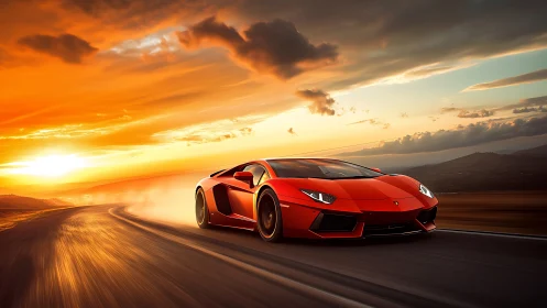 Sunset predator supercar slicing through molten horizon.