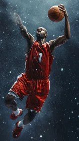 Basketball player executes elevated dunk in simulated snowfall