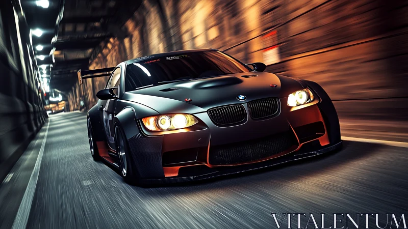 Widebody BMW race car in motion through illuminated tunnel